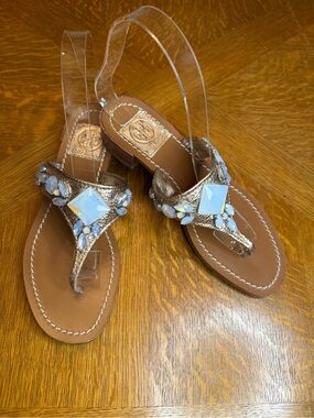 Tory Burch Metallic gold crinkled leather crystal thongs
